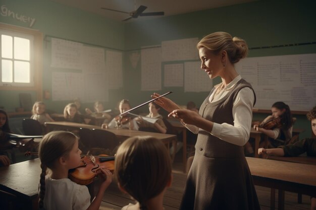 Professor conduzindo uma aula de música com instrumentos 00636 03