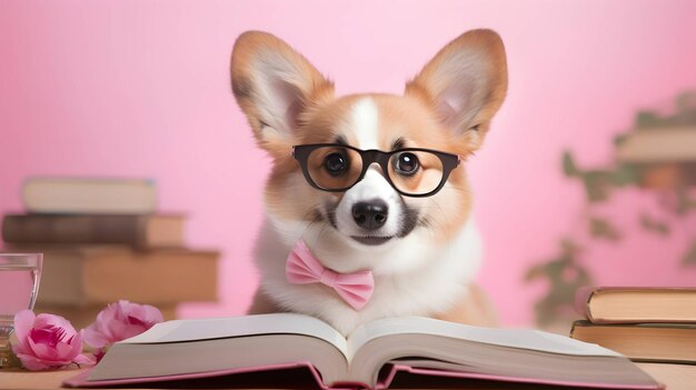 Professor de cachorro corgi fofo com pilha de livros sobre imagem gerada por IA de fundo rosa