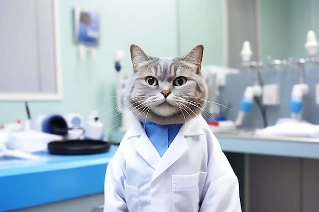 Professor de gato peludo branco posando com um casaco branco em um laboratório ou consultório médico Foto horizontal