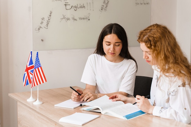 Foto professor de inglês pergunta a um aluno da classe de brancos. 2 meninas alunos respondem ao professor. trabalhando em grupo