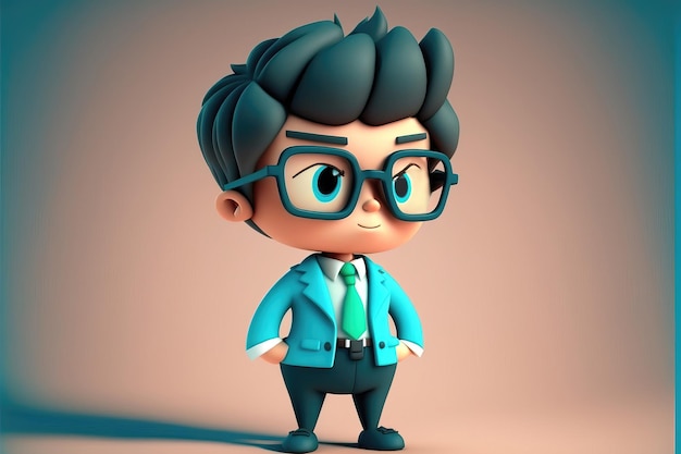 Professor de menino bonito em pé no estilo de desenho animado 3D de fundo gradiente
