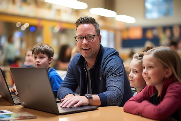 Professor e alunos assistindo a tela do laptop Generative AI