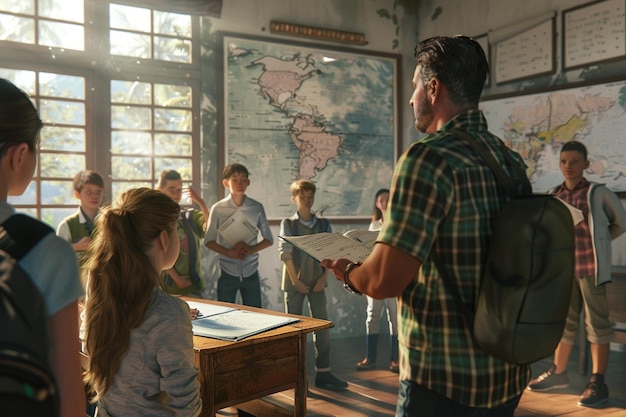 Foto professor e alunos na aula de geografia