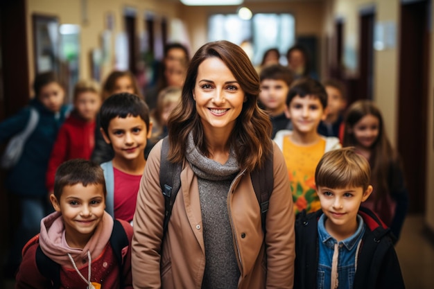 Professor e crianças no corredor da escola