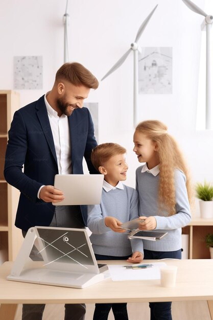 professor entusiasmado segurando um computador tablet explica a uma brilhante crianças como o vento