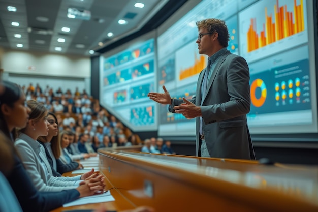 Professor hält einen Vortrag in einem großen Vorlesungssaal voller Studenten