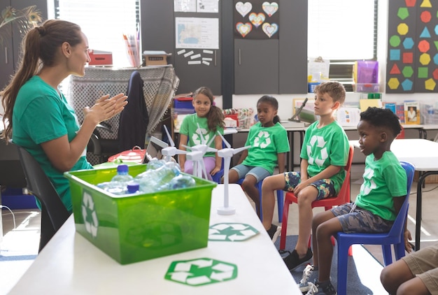 Professor interagindo com crianças em idade escolar sobre energia verde e reciclagem na mesa da sala de aula