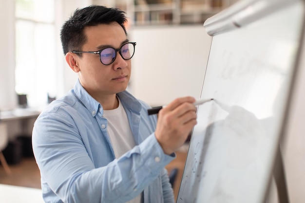 Professor japonês escrevendo no quadro-negro tendo aula no interior