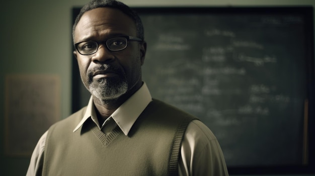 Professor masculino afro-americano de meia-idade em pé na frente de uma sala de aula com um quadro-negro em sala de aula interna generativa AI AIG22