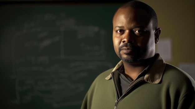 Professor masculino afro-americano de meia-idade em pé na frente de uma sala de aula com um quadro-negro em sala de aula interna generativa AI AIG22