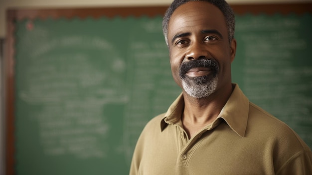 Professor masculino afro-americano de meia-idade em pé na frente de uma sala de aula com um quadro-negro em sala de aula interna generativa AI AIG22