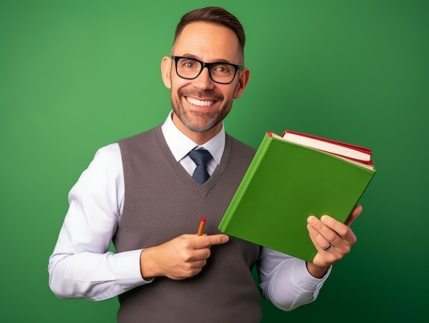 Professor masculino segurando o livro na parede verde