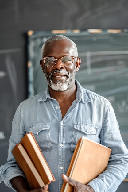 Professor ou professor afro-americano com óculos e livros didáticos na sala de aula