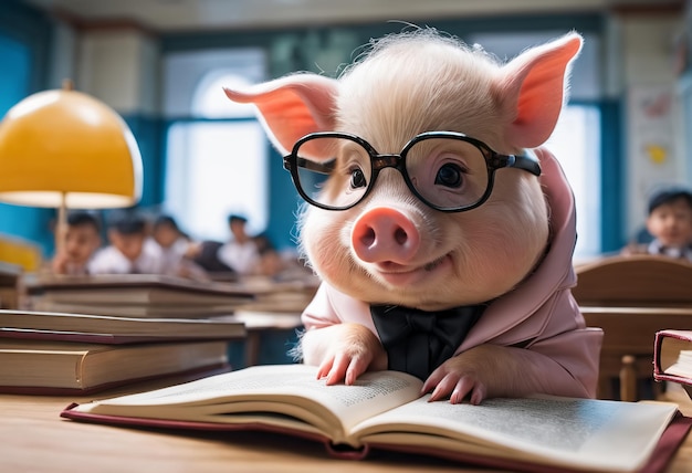 Professor porco com óculos em sala de aula IA generativa