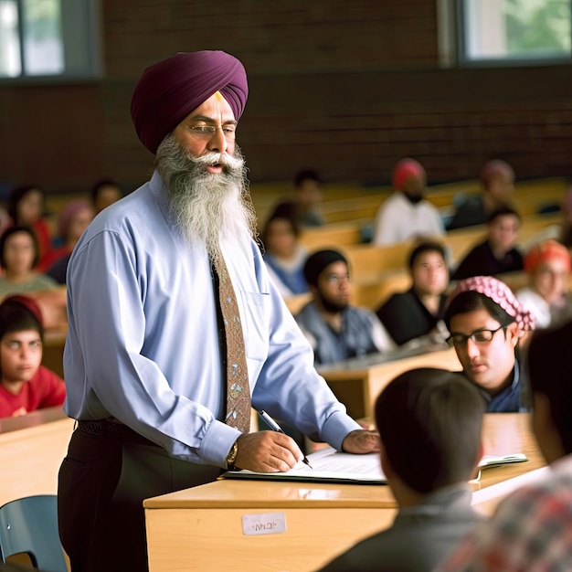 Professor sikh indiano durante uma palestra em uma sala de aula