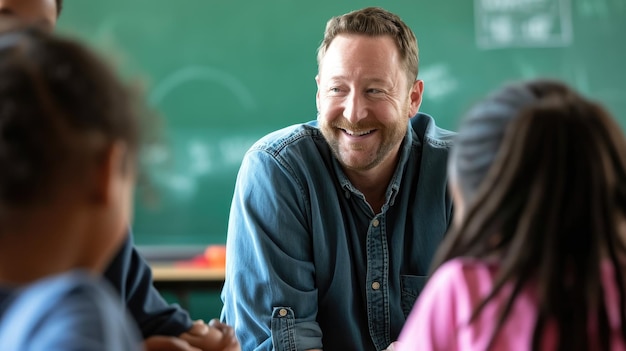 Professor sorridente conversando com jovens alunos na sala de aula