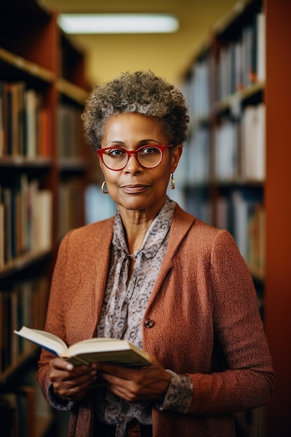 Foto professora afro-americana estuda material em livro de texto de pé perto de prateleiras na biblioteca