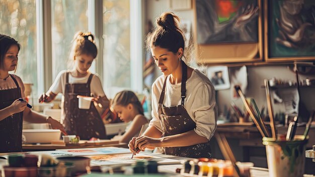 Professora de arte guiando os alunos no estúdio