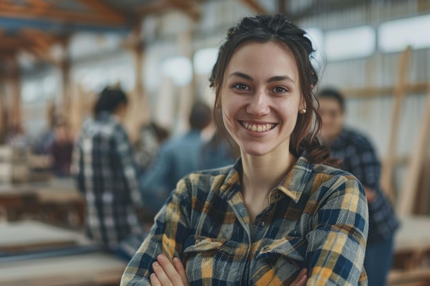 Foto professora de camisa a quadros com alunos na aula de carpintaria