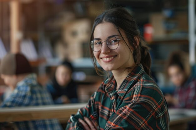 Professora de camisa a quadros com alunos na aula de carpintaria