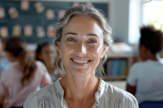 Professora de escola primária sorri para a câmera na sala de aula