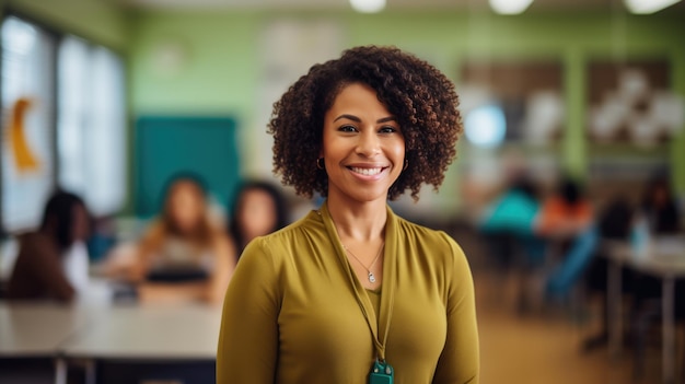 Professora de meia-idade em pé contra o fundo da classe escolarcriado com tecnologia generative ai