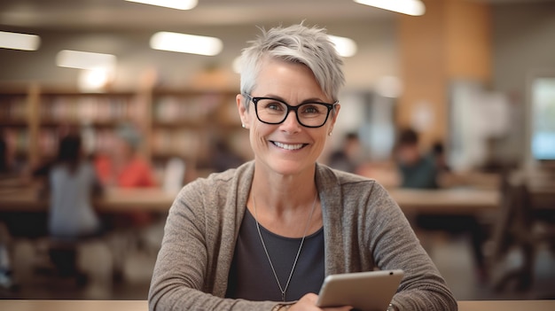 Professora de meia-idade sentada em sua mesa na secretaria da escola e segura um tabletCriado com tecnologia Generative AI