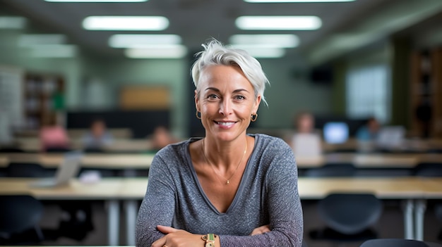 Professora de meia-idade sentada em sua mesa na secretaria da escola e segura um tabletCriado com tecnologia Generative AI