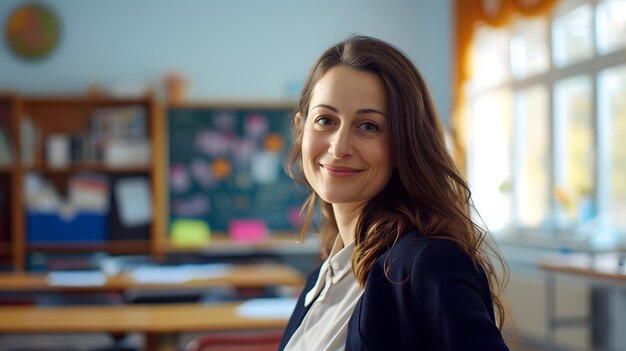 Professora em sala de aula com mesas de IA gerativa