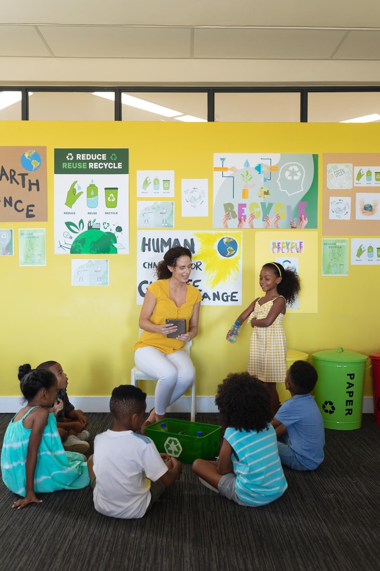 Foto professora ensinando a importância da reciclagem a alunos multirraciais na sala de aula, espaço de cópia