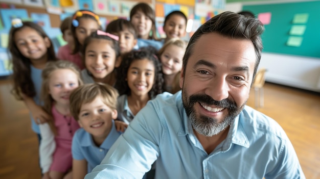 Foto professora entusiasta e alunos envolvidos em poses de sala de aula de escola primária