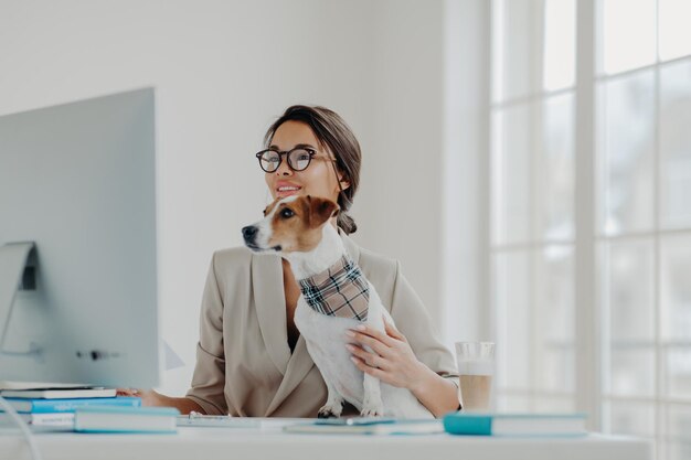 Professora ocupada usa roupas formais e óculos conduz aulas on-line para alunos que trabalham em poses de computador em espaço de coworking com cachorro, ocupado trabalhando on-line. Empresária na área de trabalho