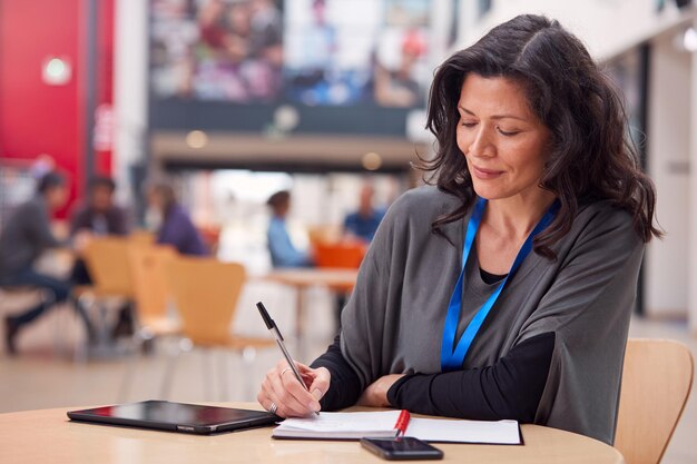 Professora ou aluna madura com tablet digital trabalhando na mesa no hall da faculdade