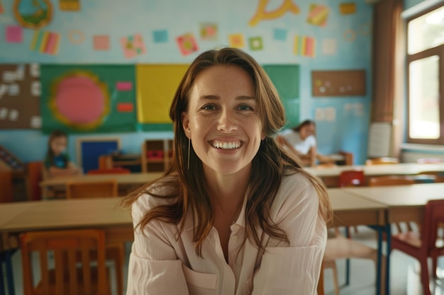 Professora sorrindo para a câmera na sala de aula da escola primária