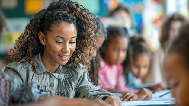 Foto professores de várias etnias preparando planos de aula juntos em uma escola que celebra a educação multicultural