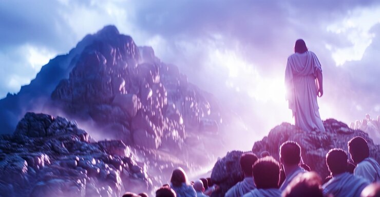 Foto un profeta predica a la gente religión creencia fe sermón multitud cima de la montaña líder espiritual escuchando puesta de sol paisaje dramático esperanza guía inspiración reunión de seguidores mensaje predicar sabiduría