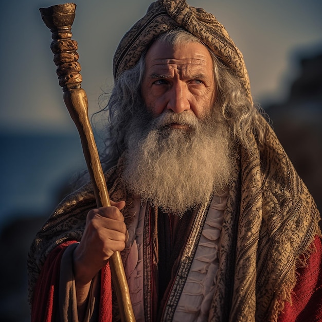 Profeta de los tiempos bíblicos con barba en el desierto con bastón en la mano peregrinación a pie