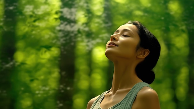 Profil einer entspannten Frau, die in einem grünen Wald frische Luft atmet
