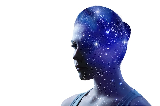 Profil einer Frau mit dem Kosmos als Gehirn. Das wissenschaftliche Konzept. Das Gehirn und die Kreativität