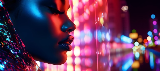 Profil einer jungen schwarzen Frau vor einem verschwommenen Hintergrund von städtischer Neonbeleuchtung