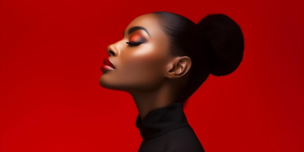 Profil eines eleganten schwarzen Models mit geschlossenen Augen auf rotem Hintergrund Konzept Modefotografie Elegante Porträts Schwarzes Modell Rotes Hintergrund Schließende Augen