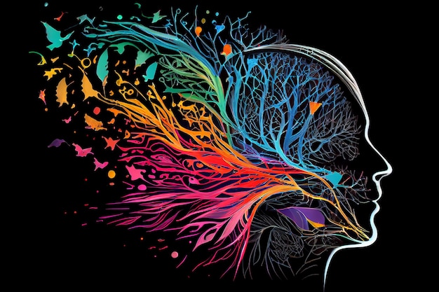 Profil eines menschlichen Kopfes mit einem farbenfrohen Symbol aus Neuronen und mentalen Wellen Generative KI