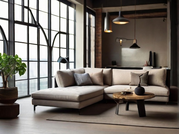 Profilfoto in voller Länge von blonden älteren Großmutter guter Stimmung Hände hinter dem Kopf Aussehen Decke genießen neues Haus Stil Design sitzen Komfort Sofa Diwan Wohnzimmer im Innenraum