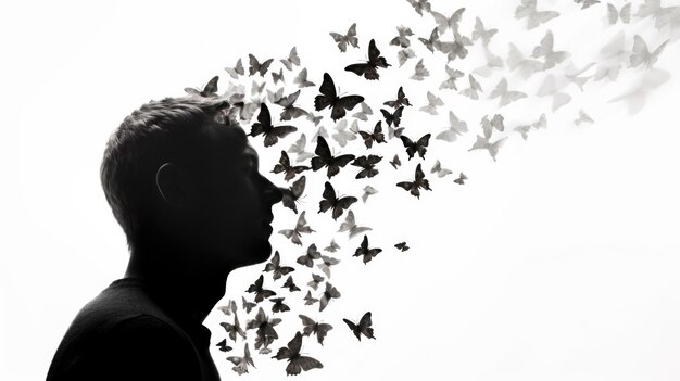 Profilo de hombre con mariposas volando desde la cabeza concepto de salud mental