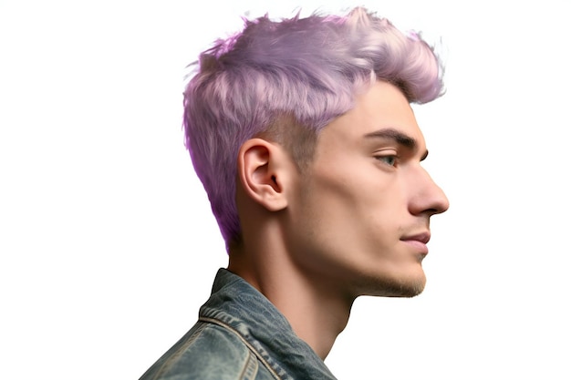 Profilporträt eines hübschen jungen Mannes mit lila Haaren auf weißem Hintergrund