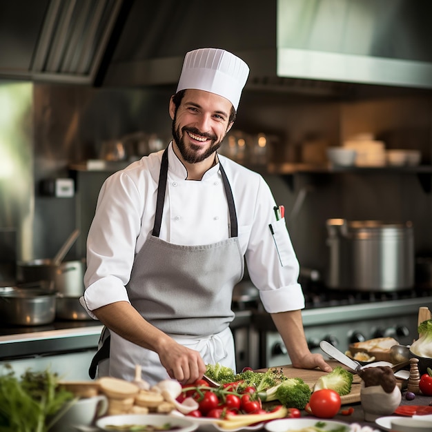 profissão de cozinha de alimentos e conceito de pessoas chefe de cozinha masculino feliz servindo e limpando pratos