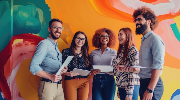 Foto profissionais criativos com tablets em escritórios coloridos