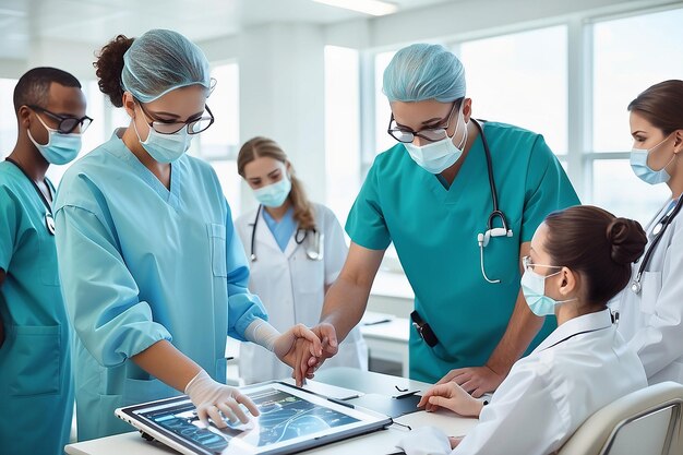 Foto profissionais da saúde colaborando num ambiente hospitalar