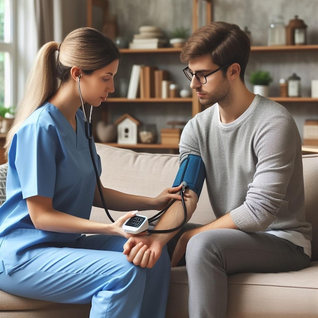 Profissionais da saúde que monitorizam a pressão arterial de doentes idosos