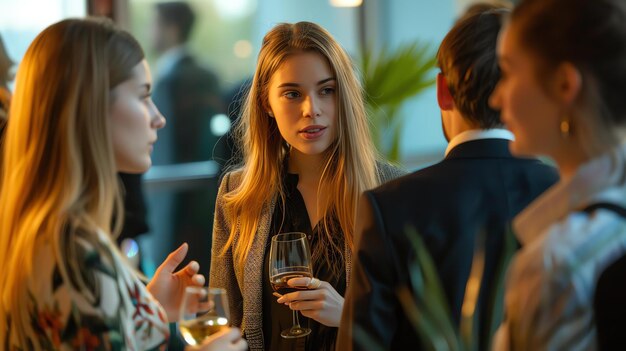 Profissionais de negócios confiantes envolvidos em conversas animadas em um evento de networking cercados por iluminação quente e decoração moderna